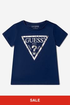 Guess Girls Cotton Logo Print T-Shirt in Blue