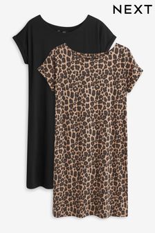 Black/Animal Print Relaxed Capped Sleeve Tunic Dresses 2 Pack
