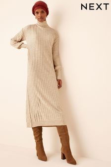 Neutral High Neck Long Sleeve Knitted Maxi Dress