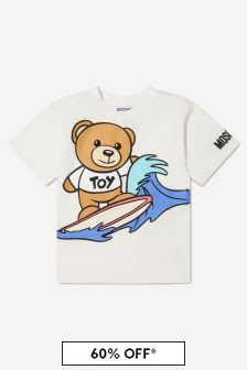 Moschino Kids Unisex Cotton Surfing Teddy Toy T-Shirt in White