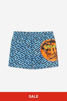Versace Boys Smiley Medusa Logo Swim Shorts in Blue