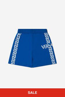 Versace Boys Cotton La Greca Side Logo Shorts in Blue