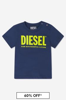 Diesel 베이비 유니섹스 코튼 로고 티셔츠 인 네이비