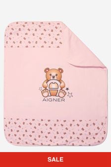 Aigner Baby Girls Pima Cotton Bear Logo Blanket in Pink