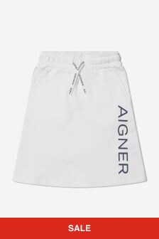 Aigner Girls Cotton Side Logo Print Jogger Skirt in White