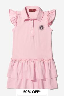 Aigner Girls Cotton Ruffle Logo Dress in Pink