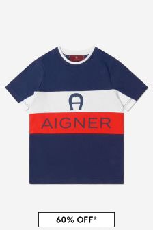 Aigner Boys Cotton Striped Logo Print T-Shirt in Navy