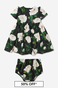 Dolce & Gabbana Kids Baby Girls Rose Print Dress in Black