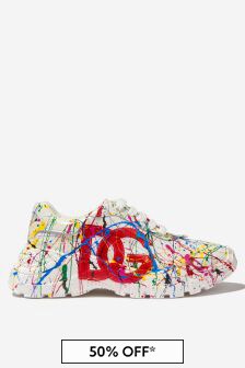 Dolce & Gabbana Kids Boys Leather Pollock Inspired Logo Trainers in White