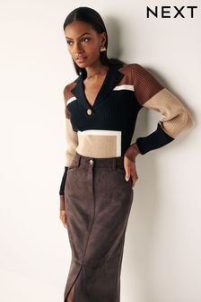 Neutral Brown Gold Button V-Neck Collar Jumper