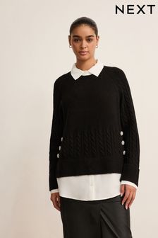 Black Gem Button Shirt Layer Jumper