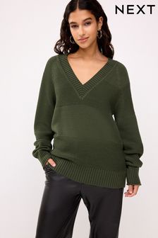 Khaki Green Rib Mix V-Neck Jumper