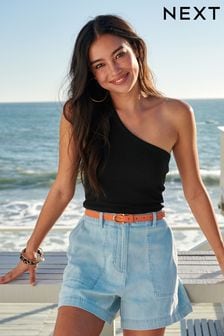 Black One Shoulder Rib Vest Top