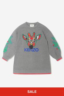 Kenzo Kids Girls Knitted Embroidered Giraffe Dress in Grey