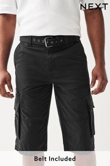 Black Long Length Belted Cargo Shorts