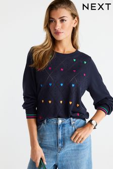 Navy Blue With Multi Heart Embroidery Round Neck Jumper