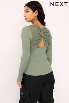 Sage Green Mesh Detail Ribbed Knitted Top