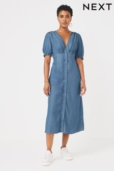 Blue Puff Sleeve Button Through TENCEL™ Midi Dress