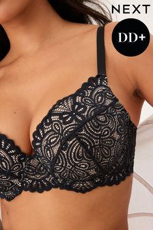 Black DD+ Floral Lace Light Padded Balcony Bra