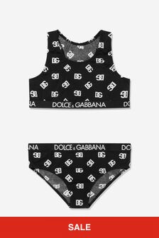 طقم ملابس داخلية بطبعة شعار الماركة أسود للبنات من Dolce & Gabbana Kids