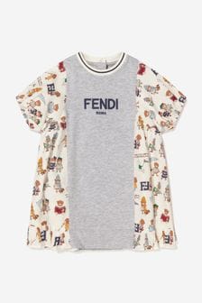 Fendi Kids Baby Girls Bear Print Logo Dress in Multi