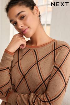 Camel Brown Check Printed Round Neck Jumper