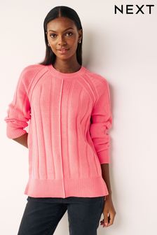 Coral Pink Ribbed Crew Neck Jumper