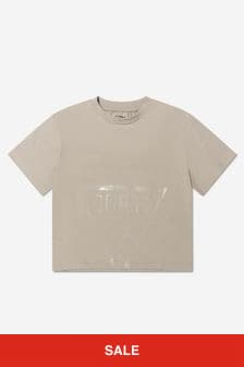 Guess Girls Logo Print Cropped T-Shirt in Beige