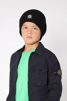 Stone Island Junior Boys Knitted Logo Beanie Hat in Black