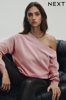 Blush Pink Premium 100% Wool Off The Shoulder Jumper