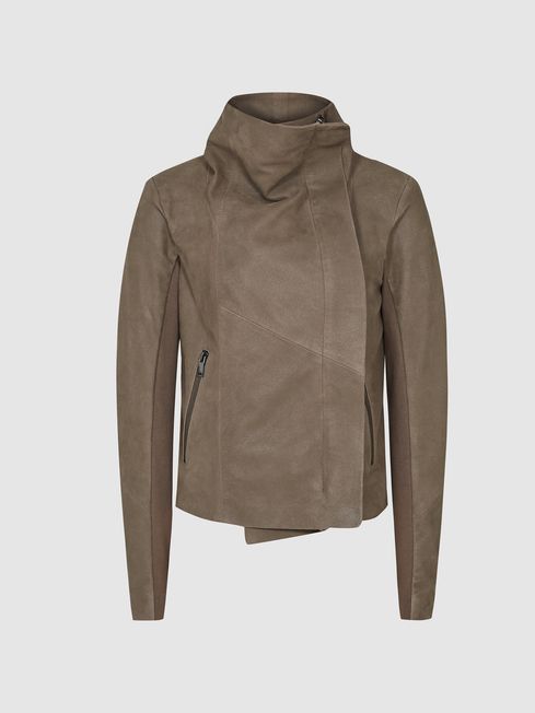 Reiss Stone Rae Suede Leather Funnel Neck Jacket