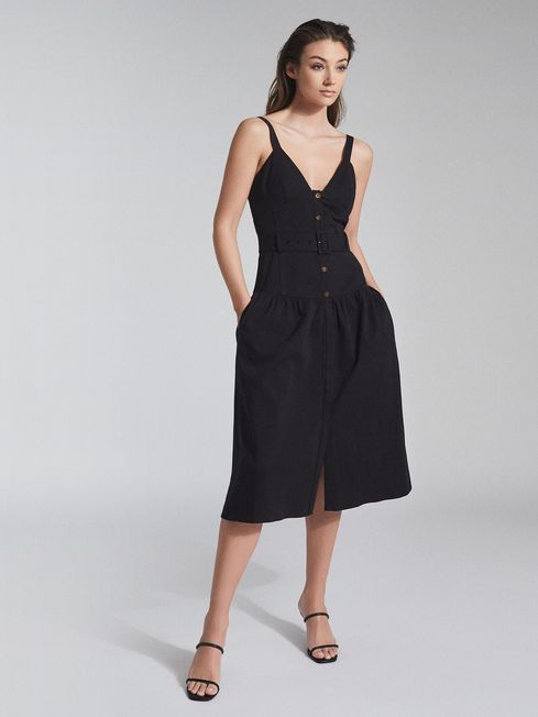 Reiss Black Vita Button Through Midi 