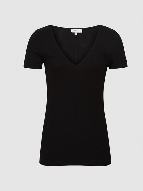 Reiss Black Maggie Ribbed V-neck T 