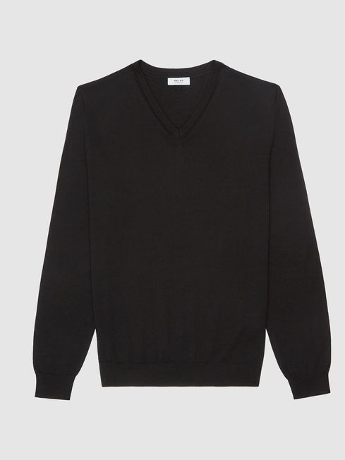 Reiss Black Earl Merino V-Neck Jumper 