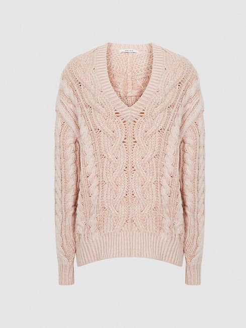 Reiss Pink Esme Cable Knit V-Neck 