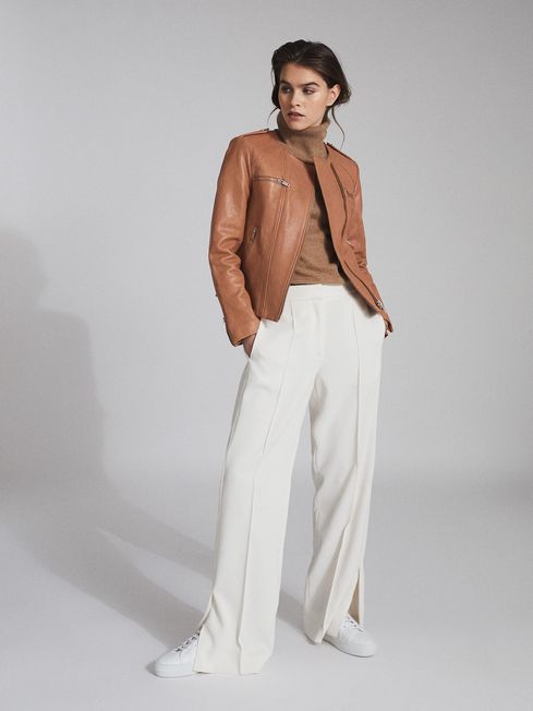Reiss Ossie Leather Collarless Biker 