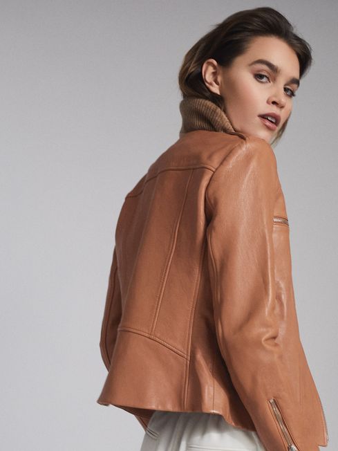 Reiss Tan Ossie Leather Collarless 