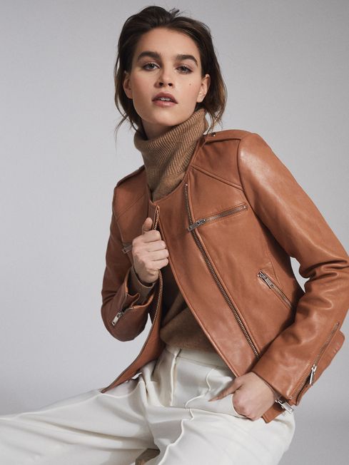 Reiss Tan Ossie Leather Collarless 