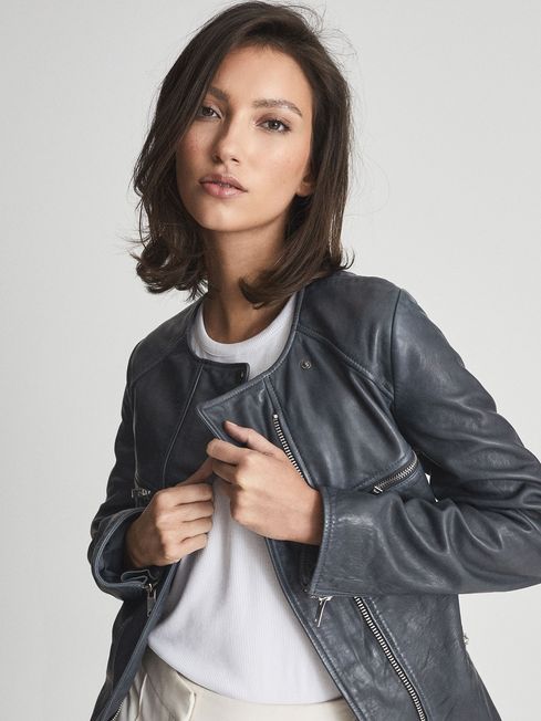 Reiss Blue Indie Leather Collarless 