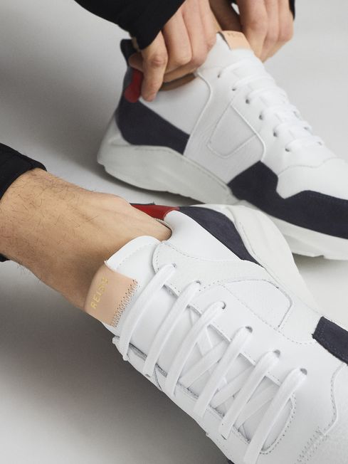 Navy Shelton Leather Trainers | REISS USA