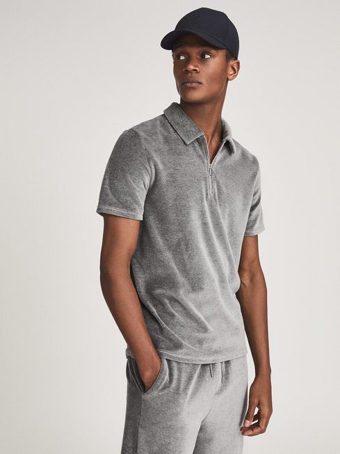 Reiss Grey Amble Velour Zip Neck Polo 
