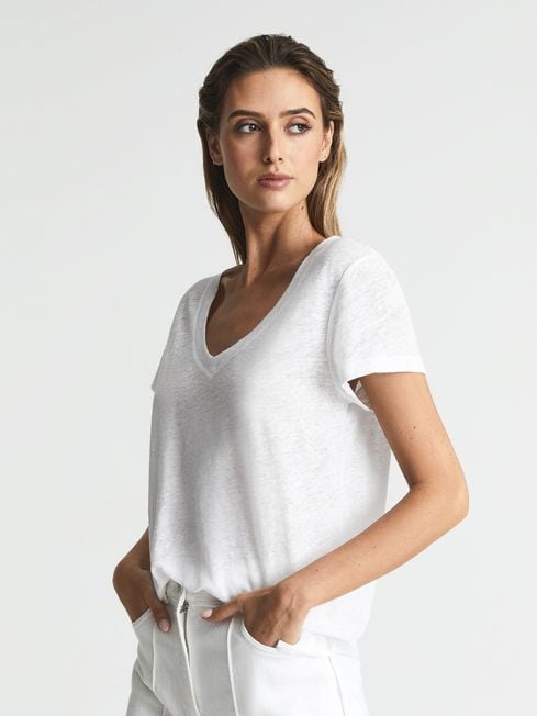 Reiss White Lottie Linen-jersey V-neck 