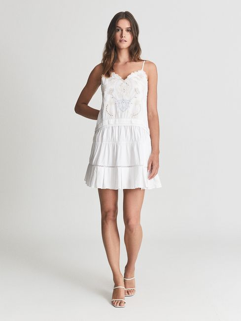 Reiss White Debora Embroidered Mini Dress