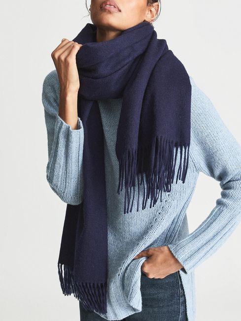 Reiss Navy Picton Oversized Cashmere Blend Fringed Scarf