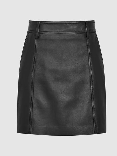 Reiss Black Eliza Leather Mini Skirt