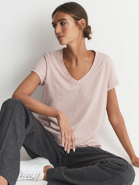 Reiss Pink Luana Cotton Jersey V-neck T-shirt