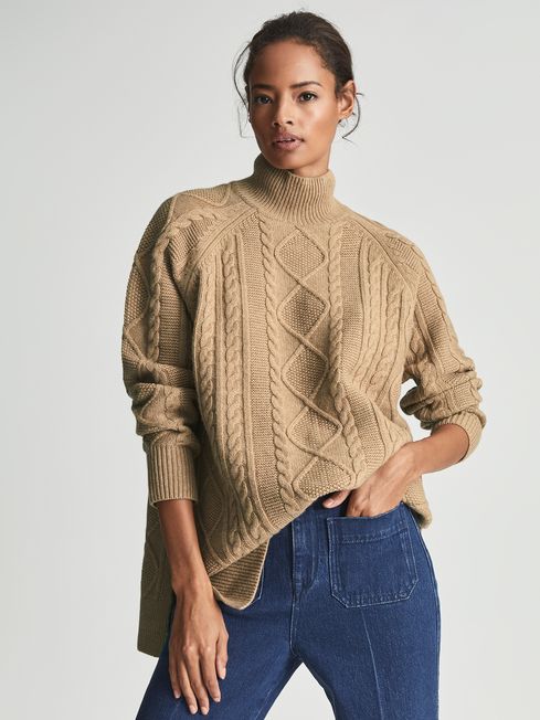 Reiss Camel Nina Cable Knit Tunic 