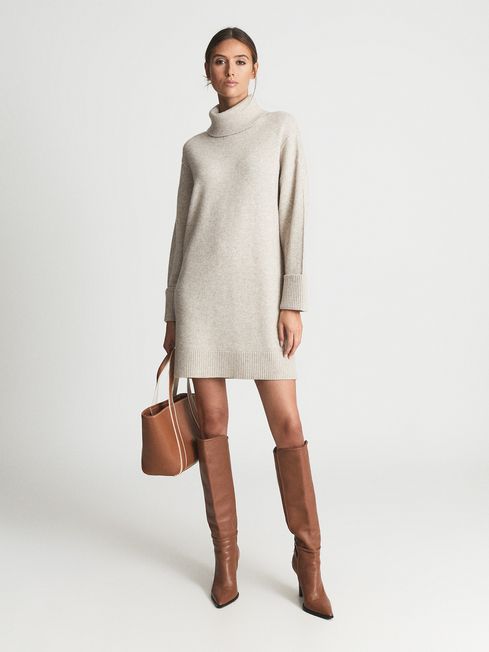 Reiss Neutral Lucie Knitted Roll Neck Dress