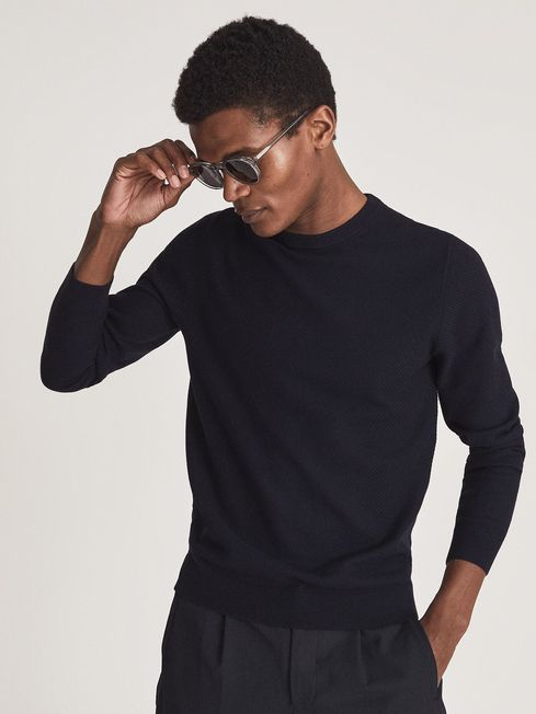 Reiss Navy Perry Textured Crew Neck 