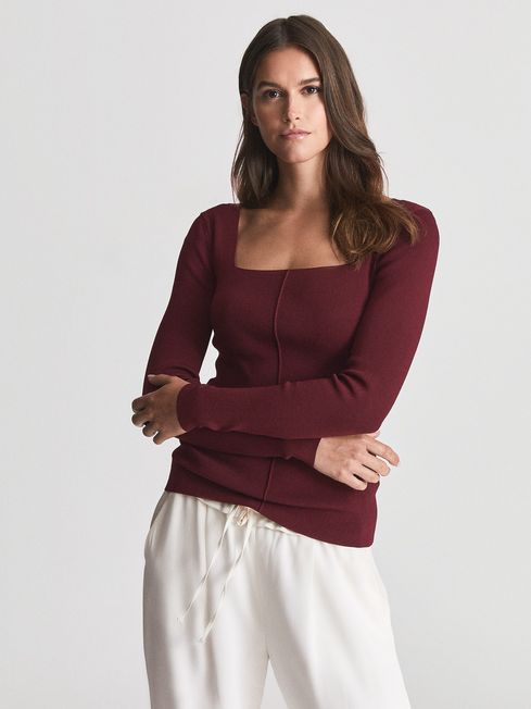 Reiss Burgundy Seren Square Neck Knitted Top | sdr.com.ec